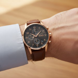 Detailed macro view of the grey dial, rose gold hands, and chronograph sub-dials of Hugo Boss 1513496