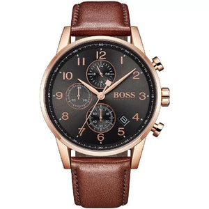 Hugo Boss Navigator 1513496 men's chronograph watch with rose gold case, grey dial, and brown leather strap