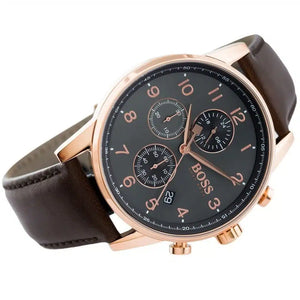 Side view of Hugo Boss 1513496 showing the rose gold crown and chronograph pushers
