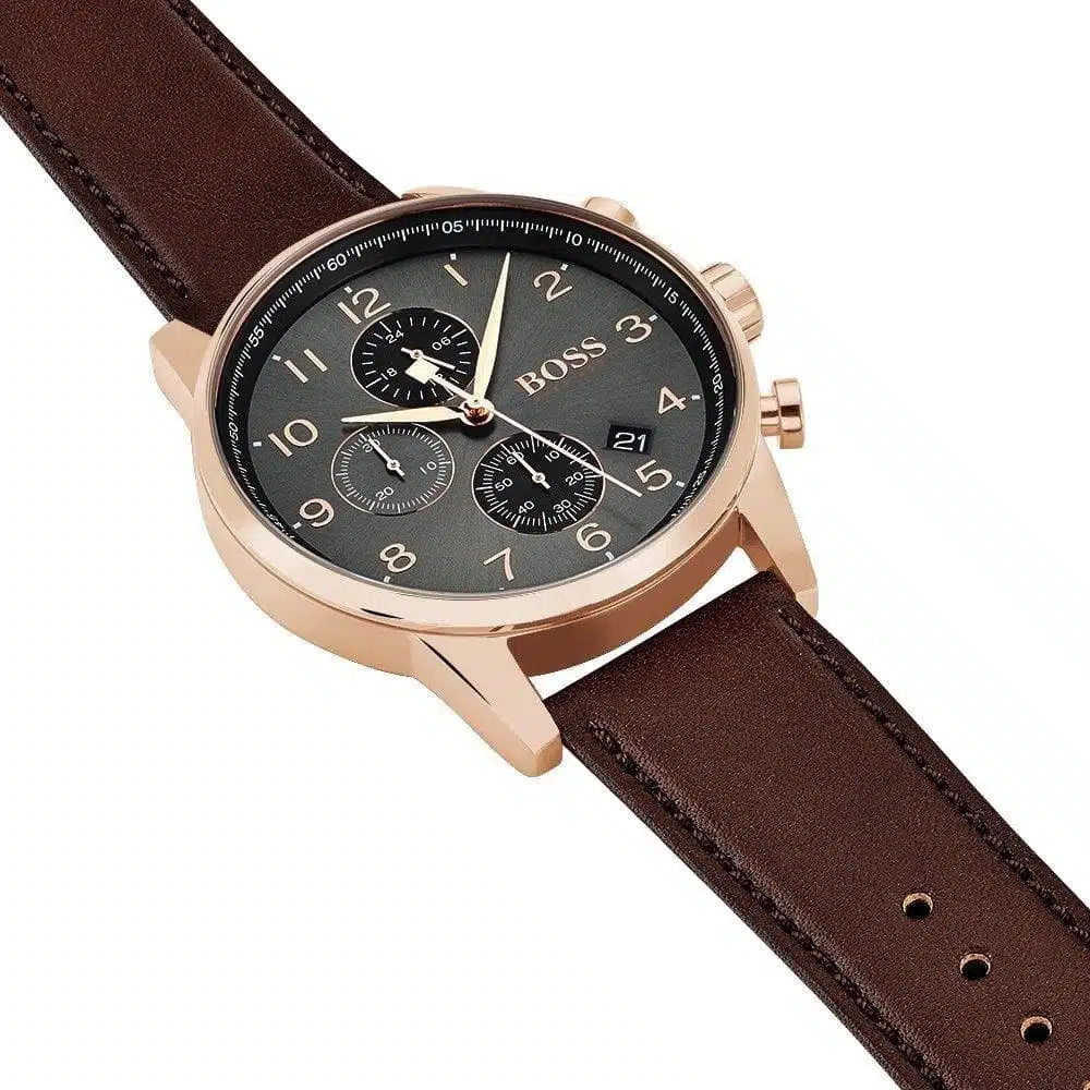 Side profile highlighting the texture of the brown genuine leather strap on Hugo Boss 1513496