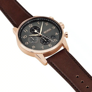 Side profile highlighting the texture of the brown genuine leather strap on Hugo Boss 1513496