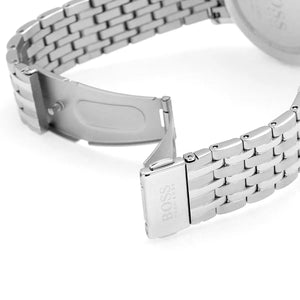 Silver-tone stainless steel push-button deployment clasp on the metal bracelet of the Hugo Boss 1513642