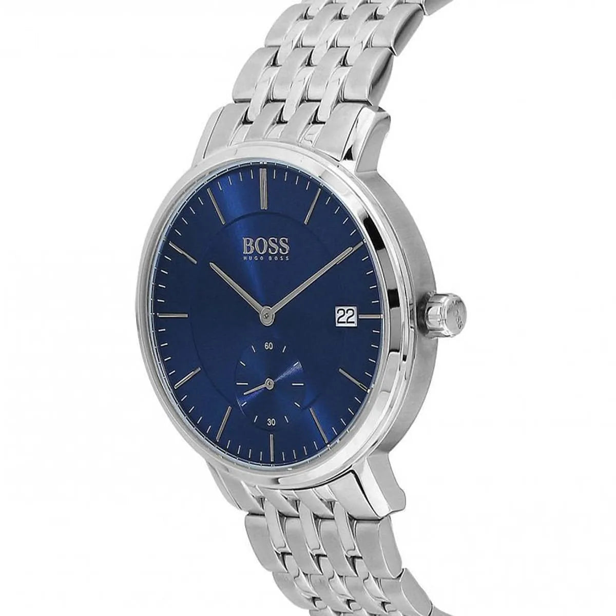Close up shot of Hugo Boss 1513642 on wrist showing the blue sunray dial with date window and small seconds sub-dial