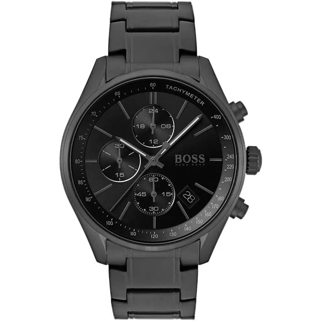 Hugo Boss Grand Prix 1513676 men's chronograph watch with all-black stainless steel finish