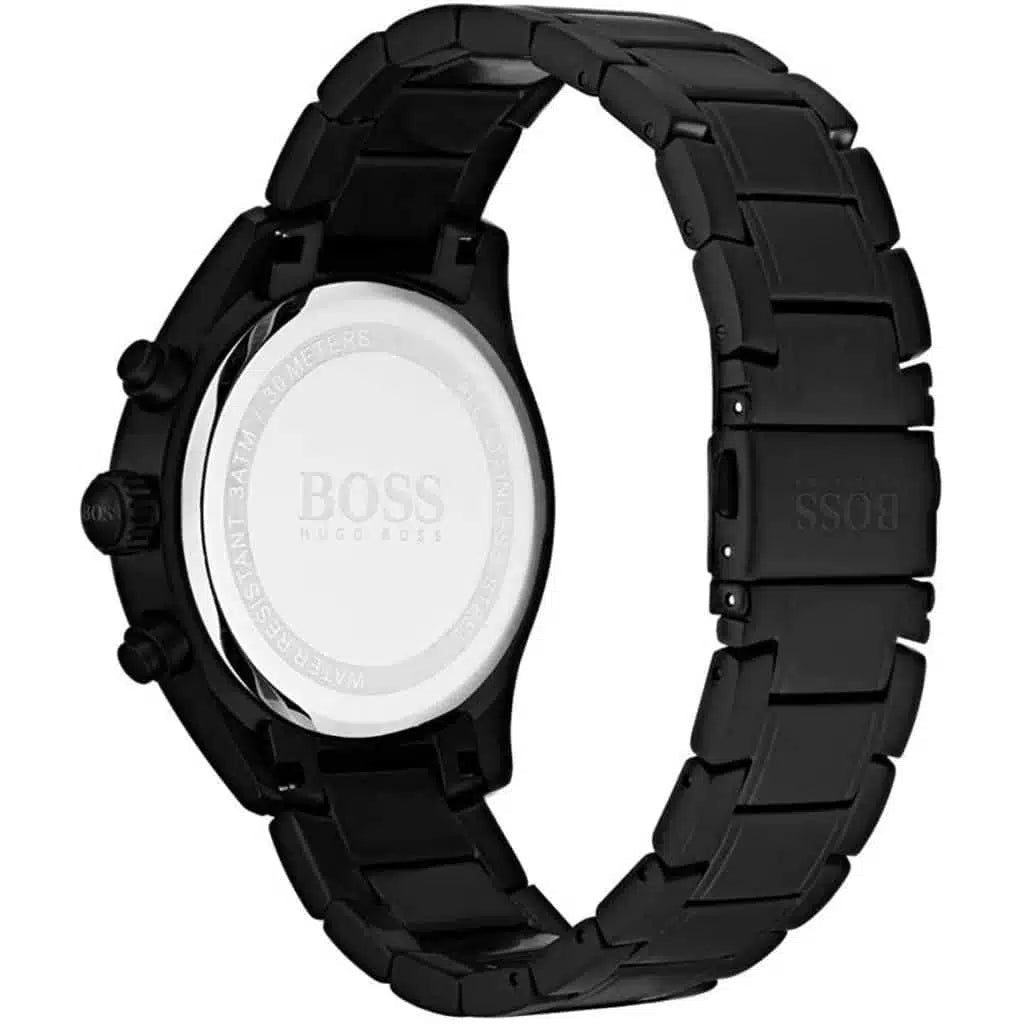 Side profile highlighting the polished black ion-plated stainless steel links of Hugo Boss 1513676