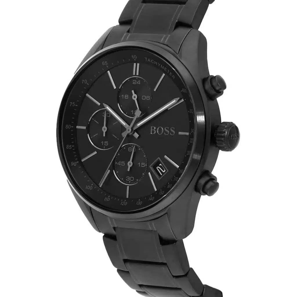 Side view of Hugo Boss 1513676 showing the black crown and chronograph pushers