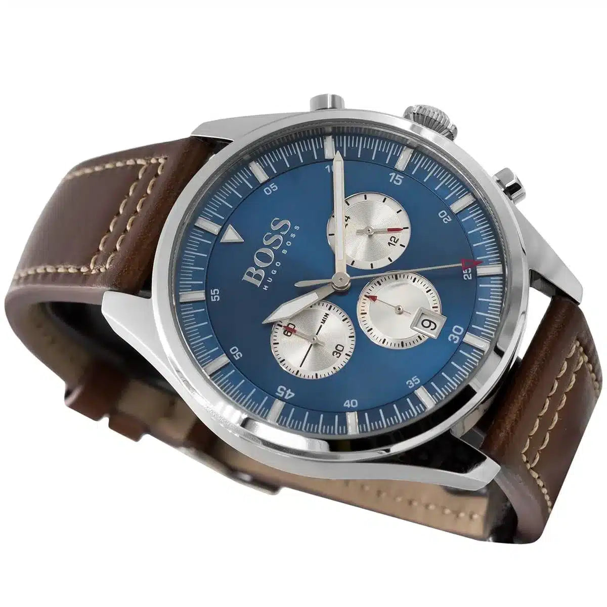 Angled view of Hugo Boss 1513709 highlighting the polished silver case and the brown genuine leather strap