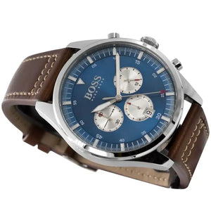 Angled view of Hugo Boss 1513709 highlighting the polished silver case and the brown genuine leather strap