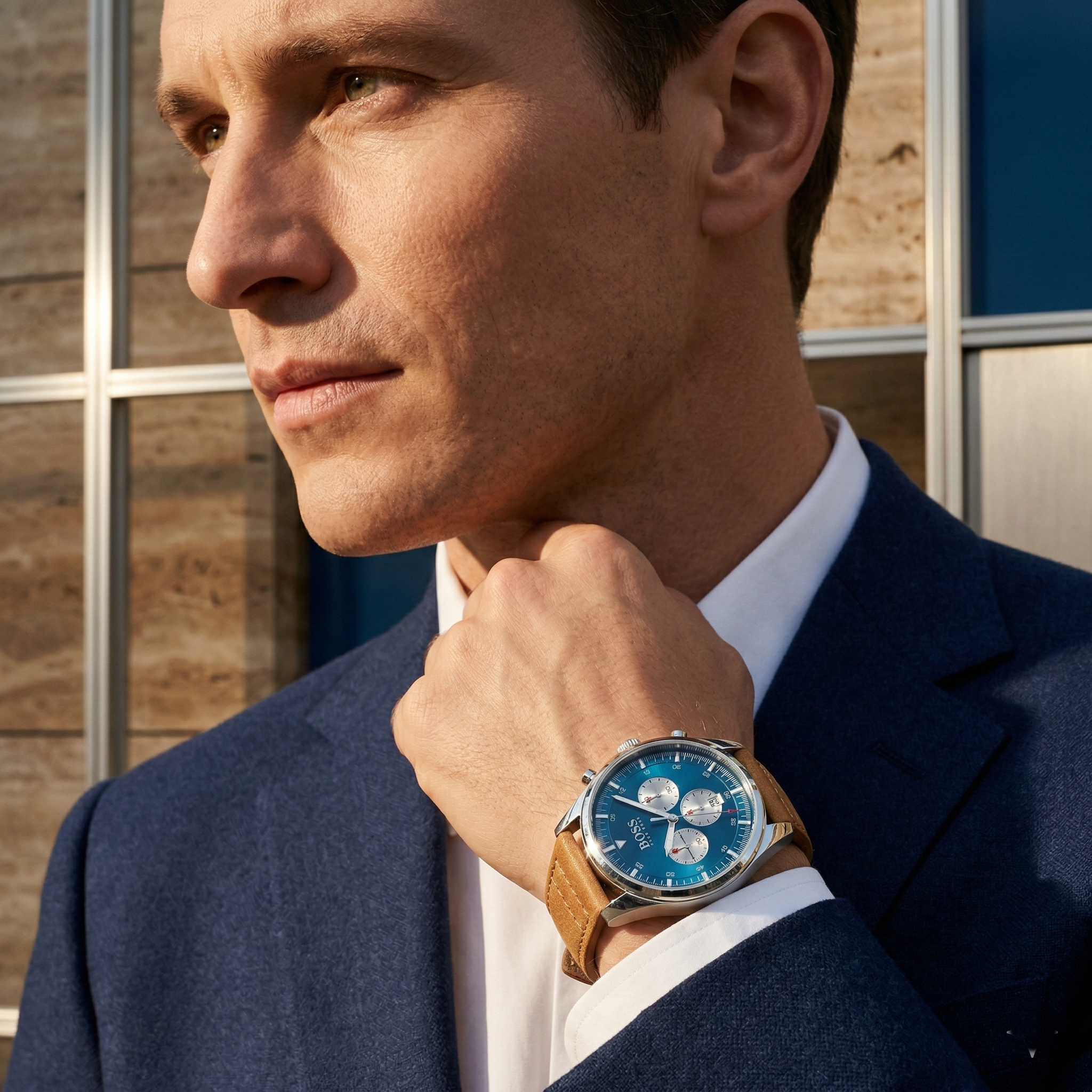 Man wearing Hugo Boss 1513709 silver and blue watch with brown leather strap for an executive professional look