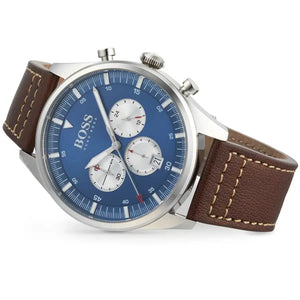Authentic real-life photo of Hugo Boss Pioneer 1513709 showing actual colors of the brown leather and blue dial