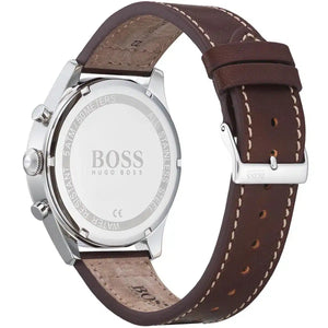 Silver stainless steel buckle clasp on the brown leather strap of the Hugo Boss 1513709