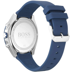 Side view of Hugo Boss Velocity 1513717 showing the silver crown and pushers