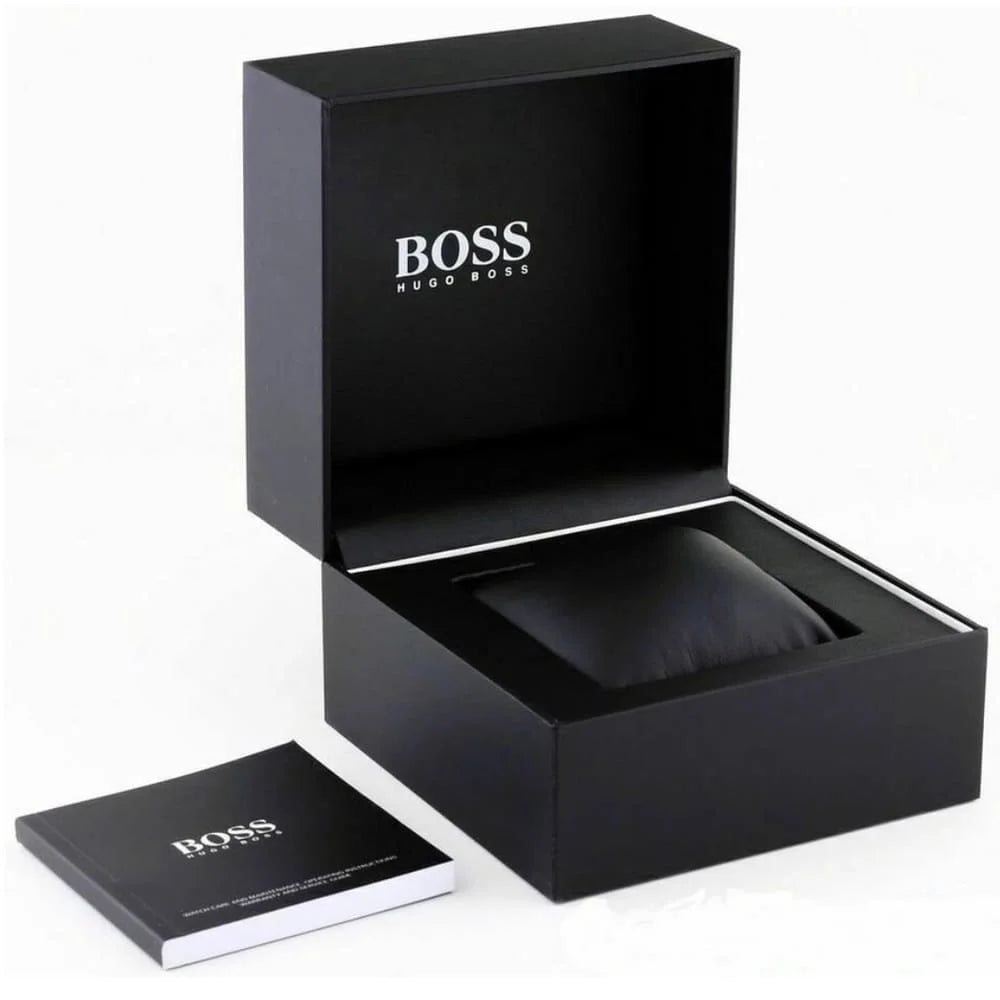 Left side angled perspective showing the diamond texture on the black dial of Hugo Boss 1513720