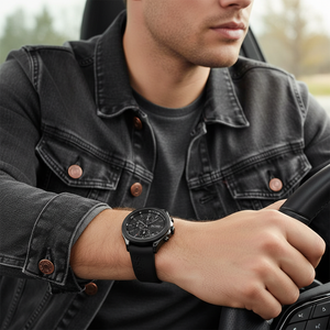 Male model wearing Hugo Boss Velocity 1513720 black rubber watch with a casual sport outfit