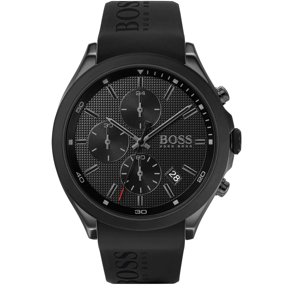 Hugo Boss Velocity 1513720 men's all-black watch with large BOSS logo on silicone strap