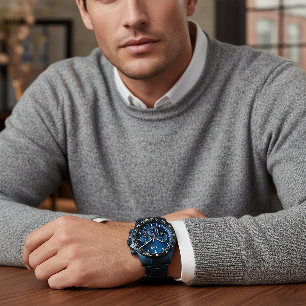 Male model wearing Hugo Boss Hero 1513758 all-blue watch with a modern sport outfit