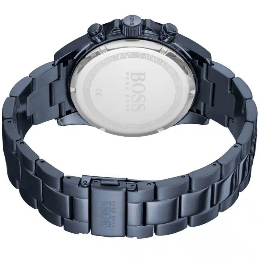 Side view of Hugo Boss 1513758 showing the blue crown and chronograph pushers