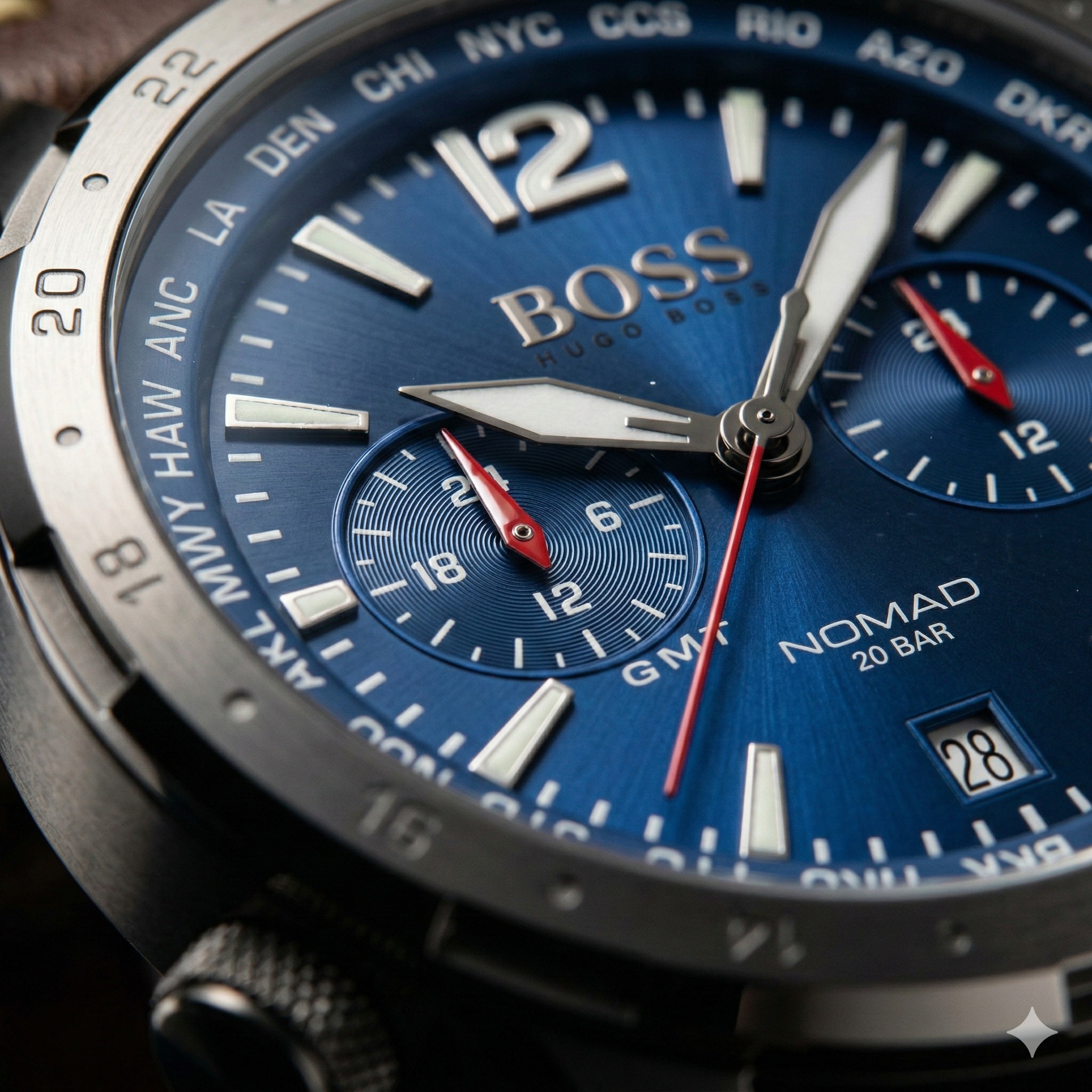 Close-up of a BOSS watch with a blue face and silver case.