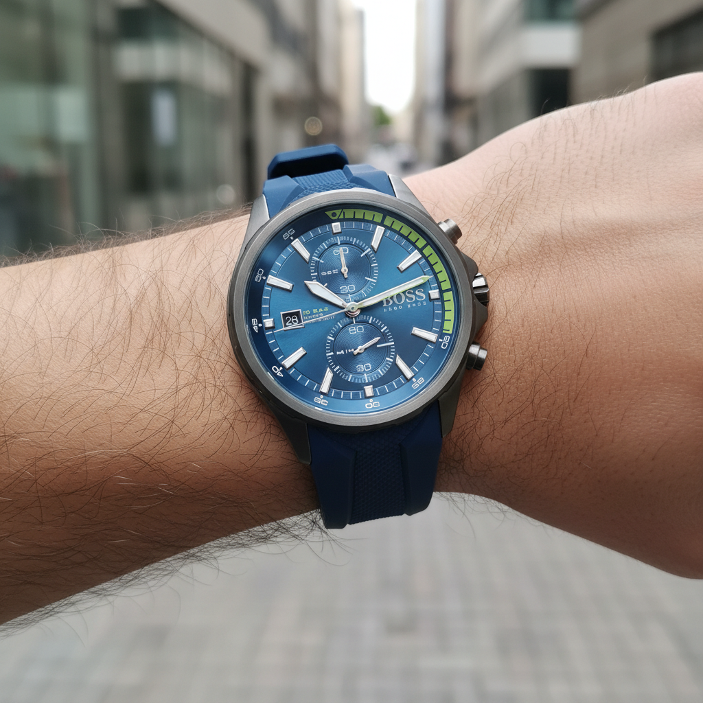 Detailed macro view of the blue dial, yellow accents, and rotating inner bezel of Hugo Boss 1513821