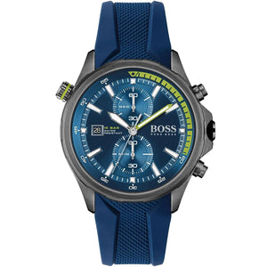 Hugo Boss Globetrotter 1513821 men's chronograph watch with gunmetal case and blue rubber strap