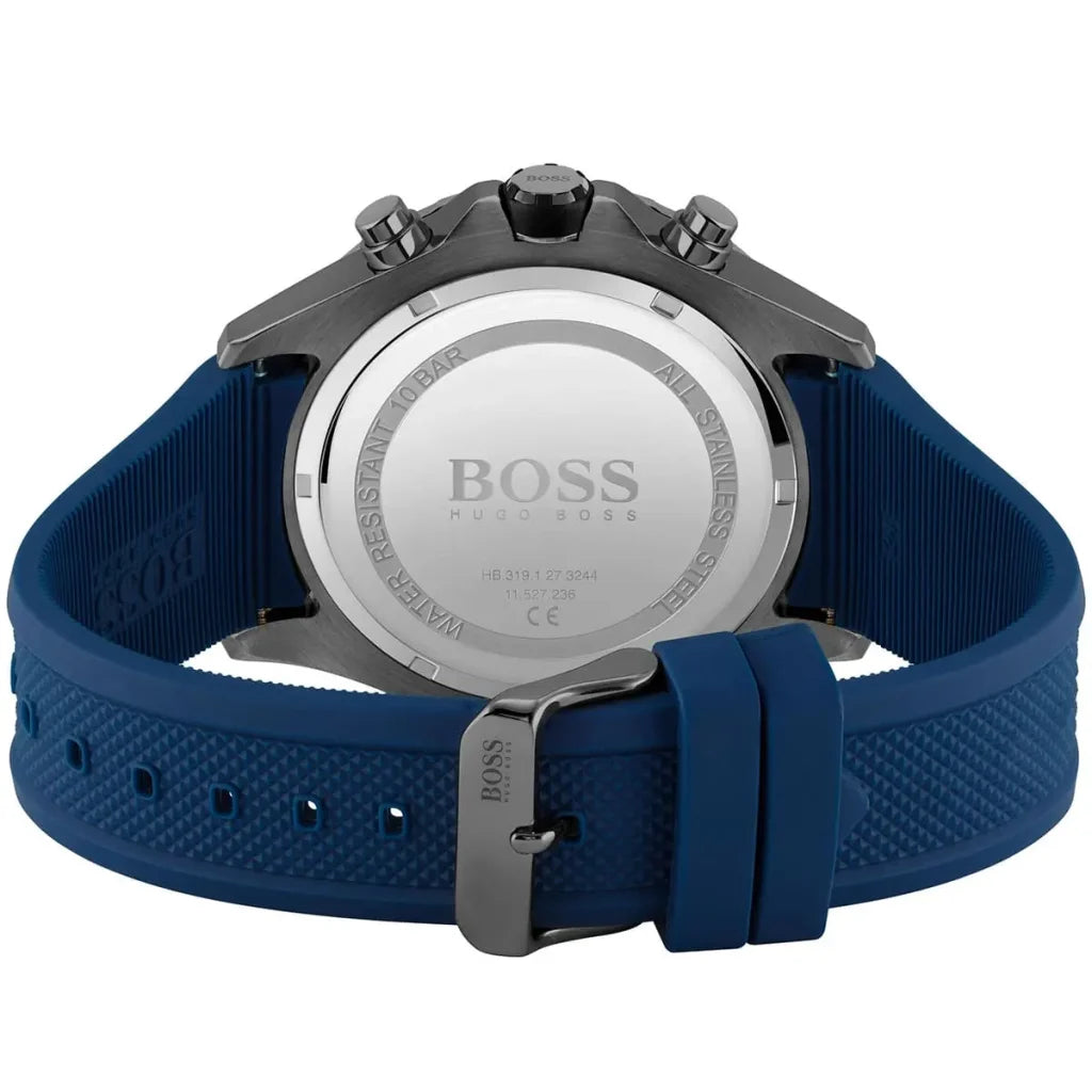 Side profile highlighting the textured blue rubber strap of Hugo Boss 1513821