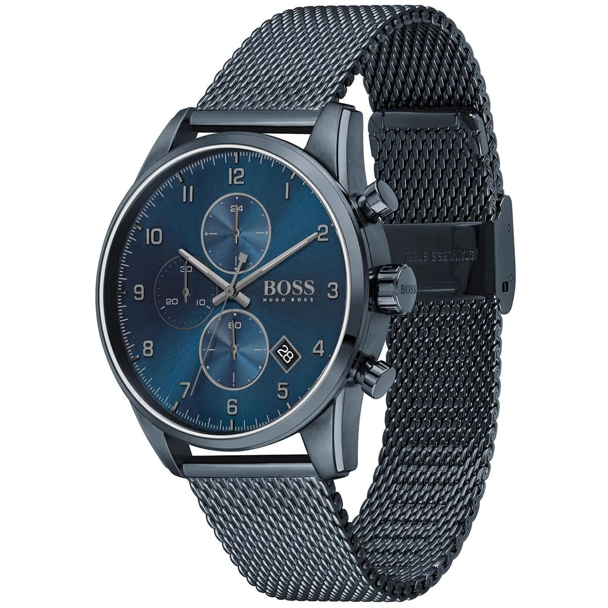 Angled view of Hugo Boss 1513836 highlighting the slim blue case and modern stainless steel mesh strap