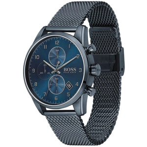 Angled view of Hugo Boss 1513836 highlighting the slim blue case and modern stainless steel mesh strap