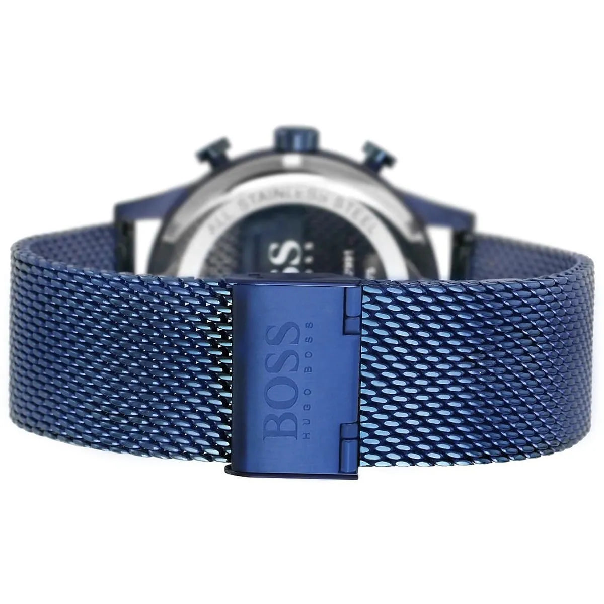 Blue ion-plated stainless steel adjustable sliding clasp on the mesh bracelet of the Hugo Boss 1513836