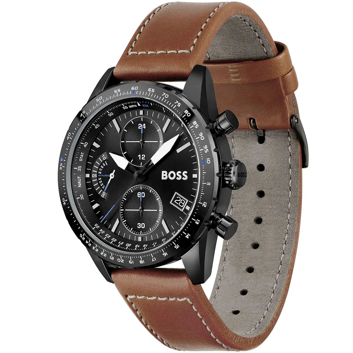 Left side perspective showing the black dial markings and oversized chronograph pushers of the Hugo Boss 1513851