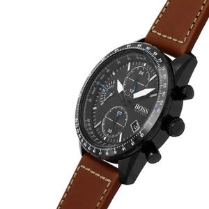 Angled view of Hugo Boss 1513851 highlighting the matte black finish and the brown leather strap texture