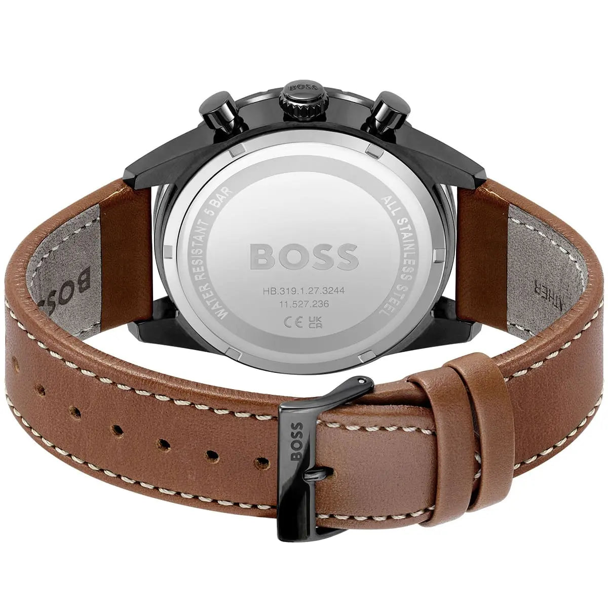 Black stainless steel buckle clasp on the light brown genuine leather strap of the 1513851