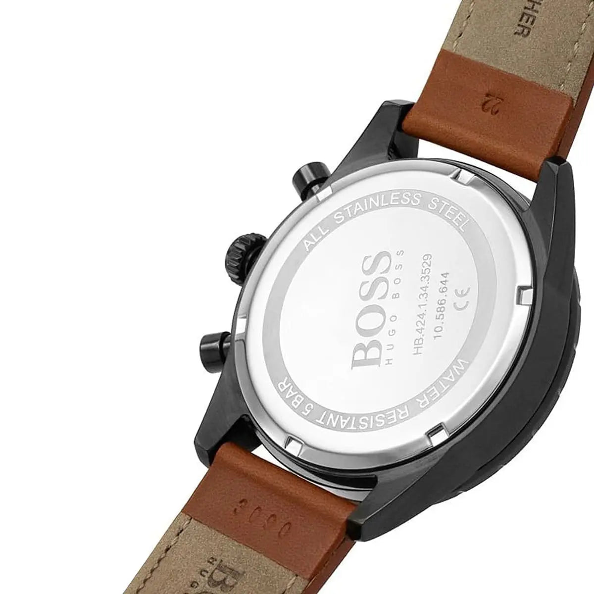 Back view of the Hugo Boss 1513851 watch showing the engraved logo and technical specifications