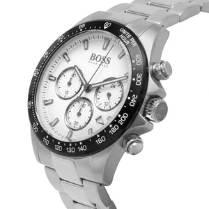 Left side perspective of the silver case and integrated stainless steel bracelet of the Hugo Boss watch