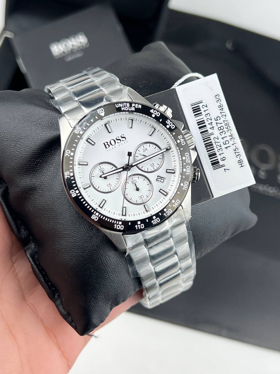 Authentic real-life photo of Hugo Boss 1513875 showing actual silver shine and white dial details