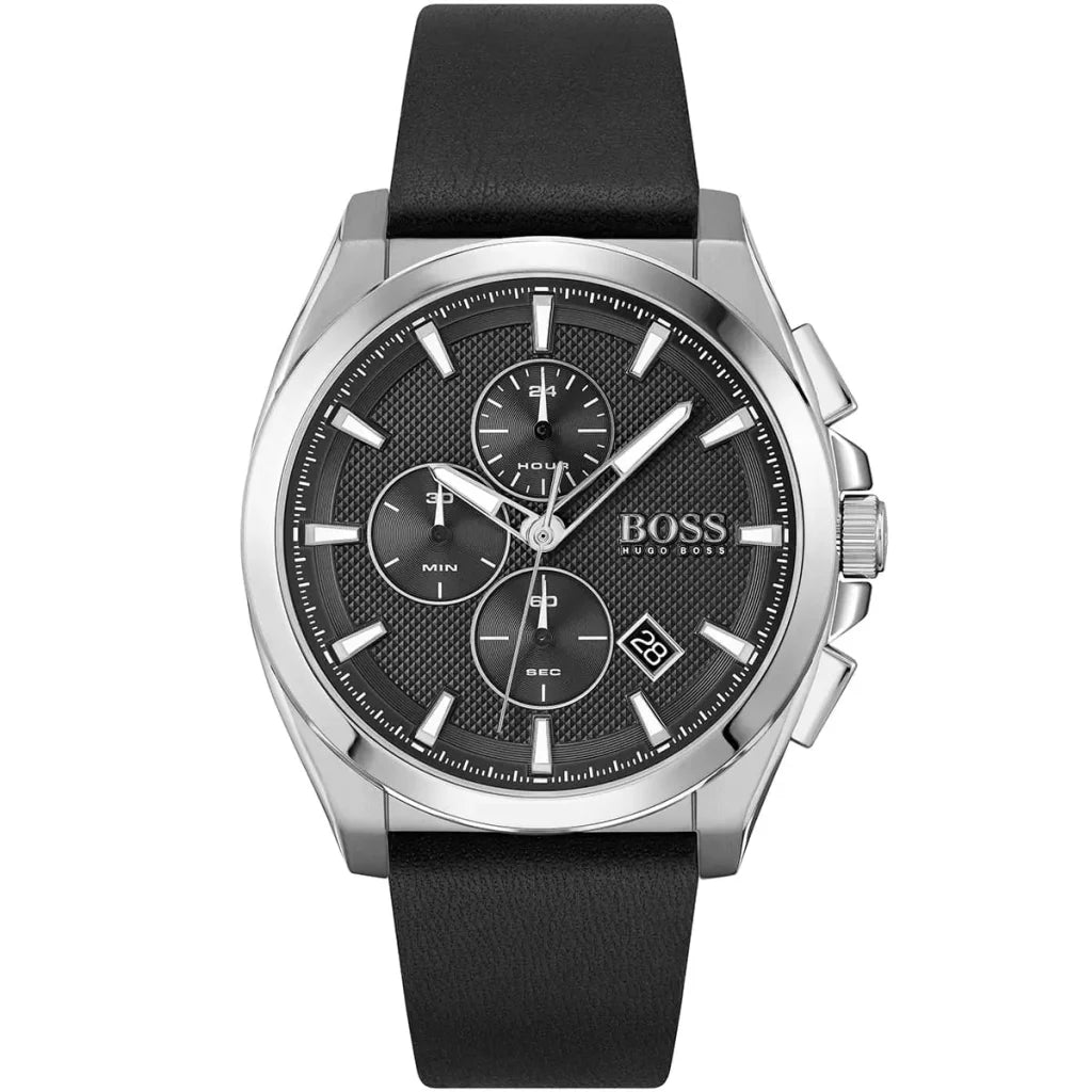 Hugo Boss Grandmaster 1513881 men's chronograph watch with silver case, textured black dial, and black leather strap