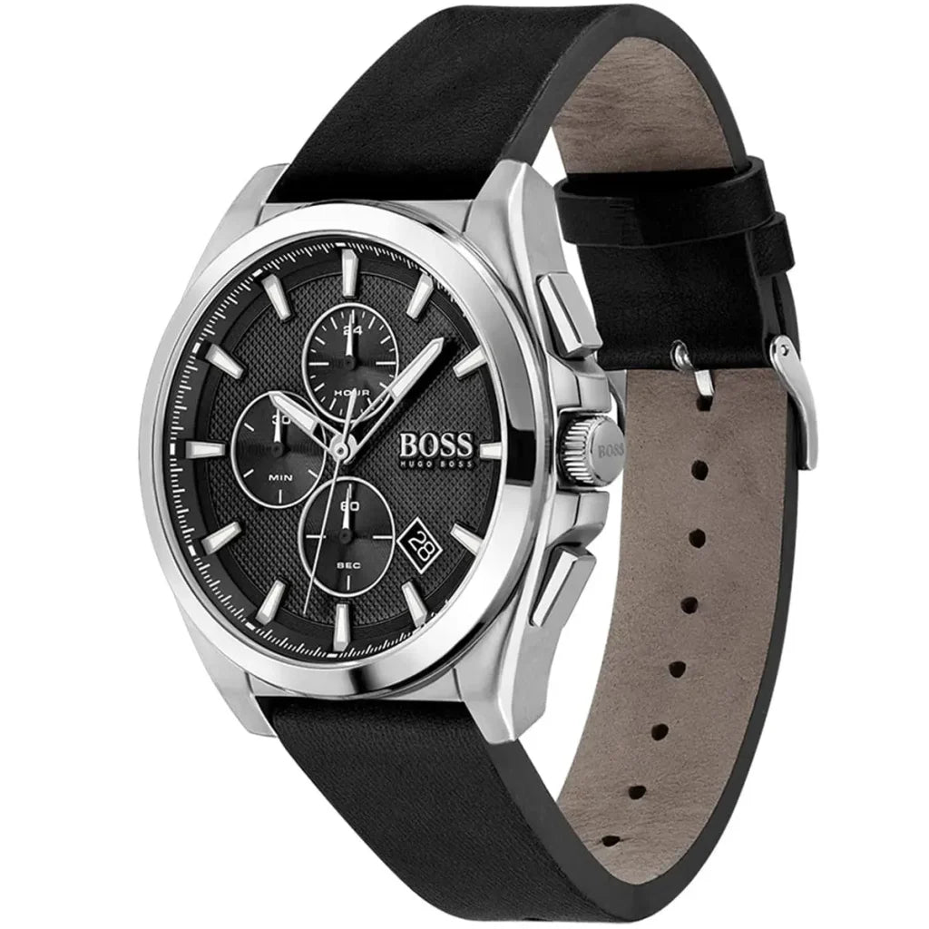 Side view of Hugo Boss 1513881 showing the silver crown and chronograph pushers