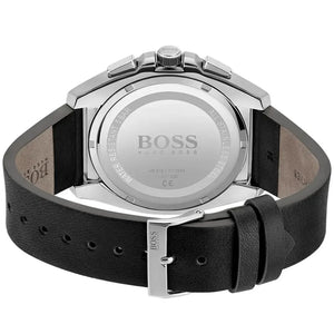Side profile highlighting the texture of the black genuine leather strap on Hugo Boss 1513881