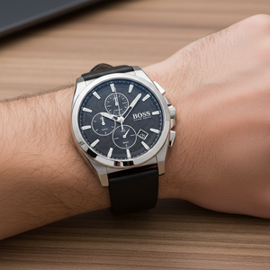 Detailed macro view of the textured black dial and chronograph sub-dials of Hugo Boss 1513881