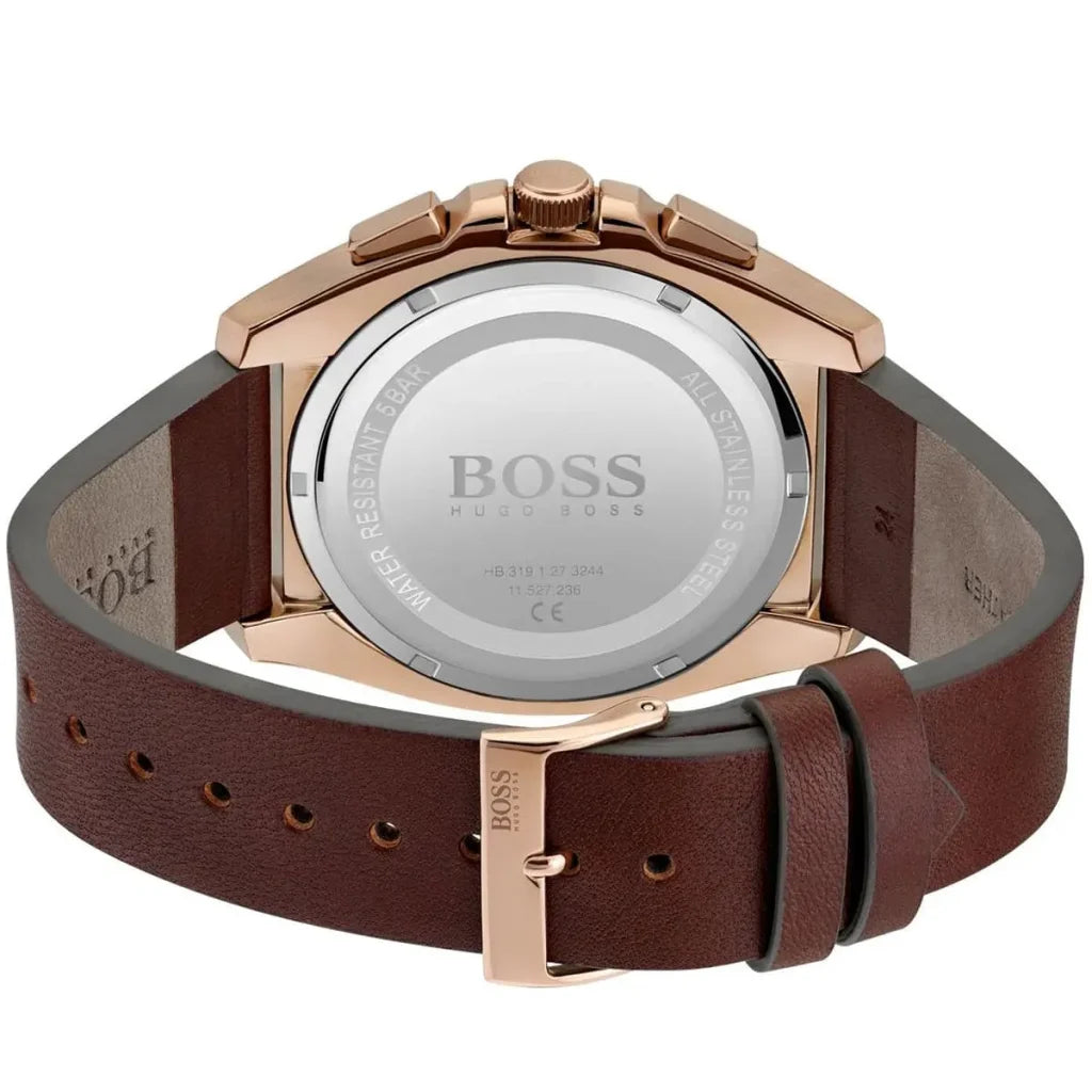 Right side angled view of Hugo Boss 1513882 highlighting the rose gold finish and 46mm case