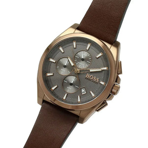 Side profile highlighting the premium brown leather strap of Hugo Boss 1513882