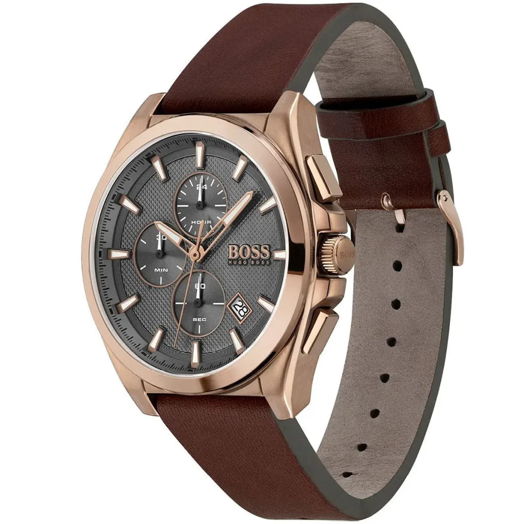 Side view of Hugo Boss Grandmaster 1513882 showing the rose gold rectangular pushers and crown