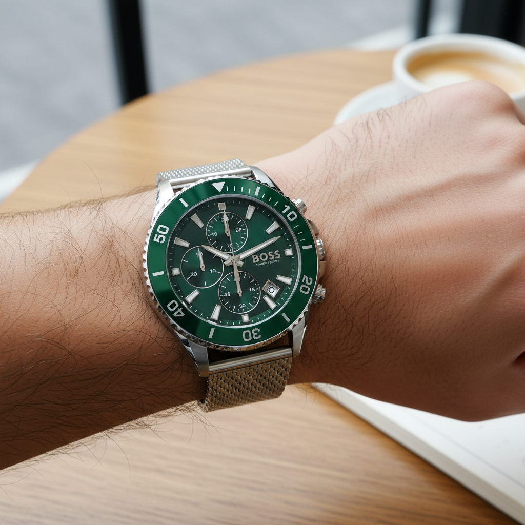 Detailed macro view of the green sunray dial, rotating bezel, and sub-dials of Hugo Boss 1513905