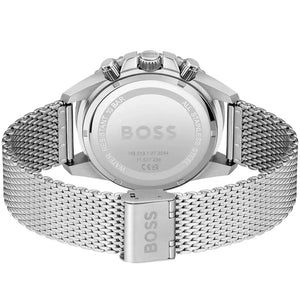 Side profile highlighting the silver stainless steel mesh strap of Hugo Boss 1513905