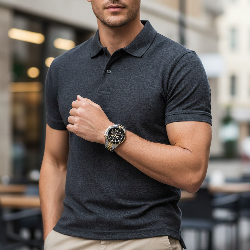 Male model wearing Hugo Boss Admiral 1513908 two-tone watch with a sophisticated outfit