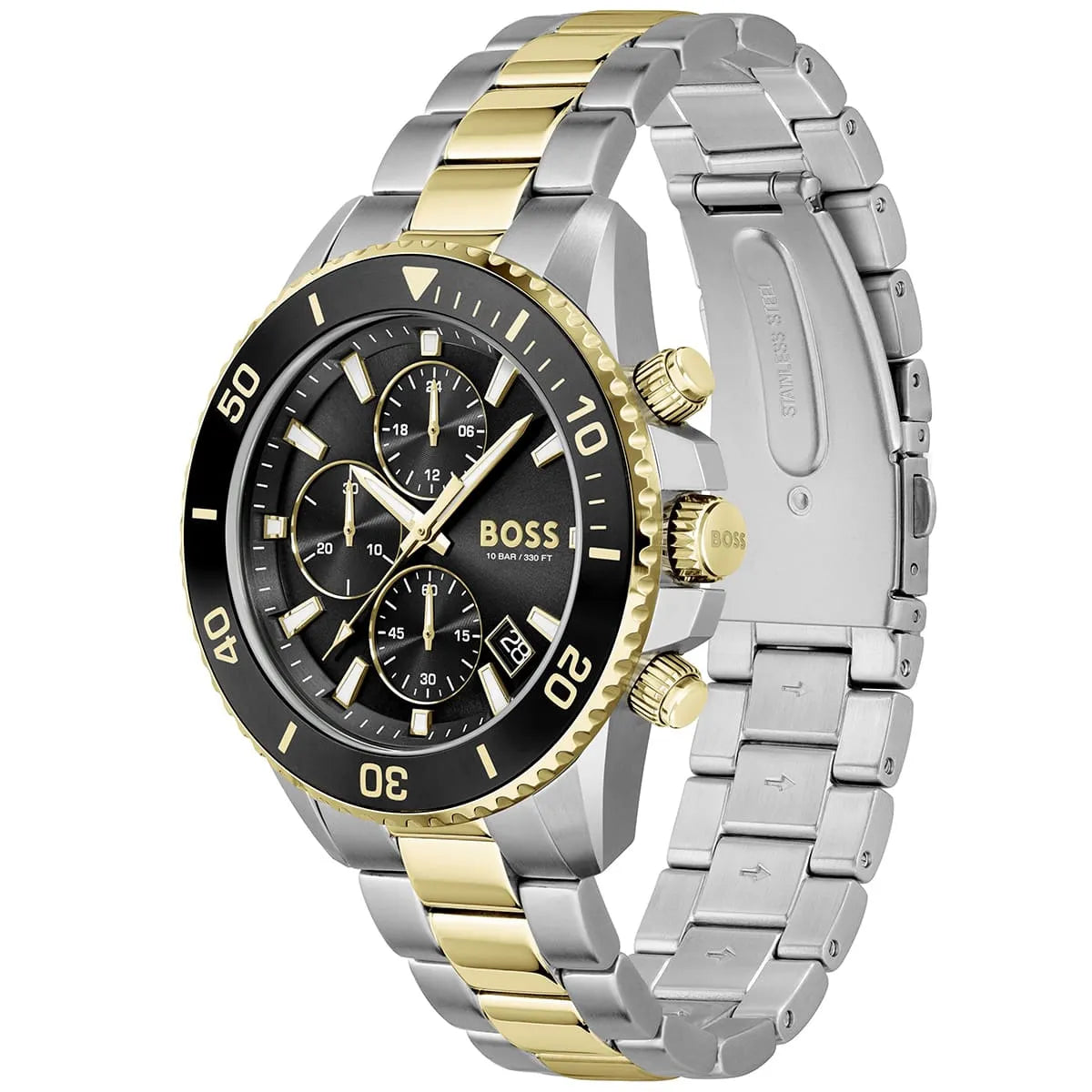 Side view of Hugo Boss Admiral 1513908 showing the gold-tone crown and pushers