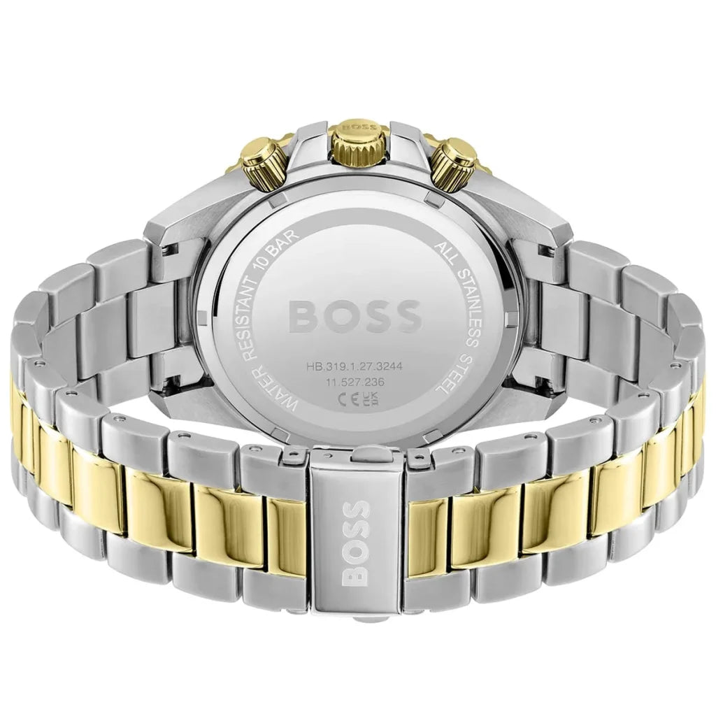 Side profile highlighting the polished silver and gold stainless steel links of Hugo Boss 1513908