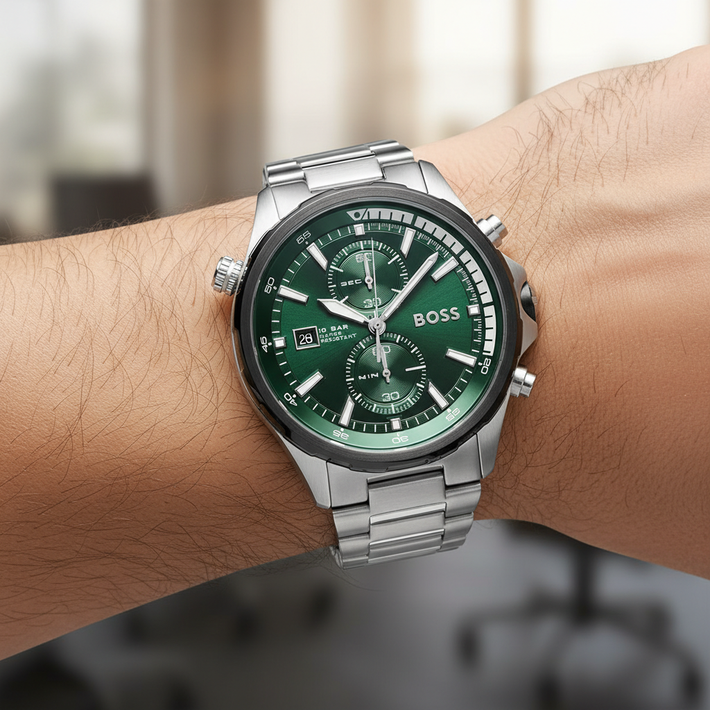 Detailed macro view of the green sunray dial, rotating bezel, and chronograph sub-dials of Hugo Boss 1513930