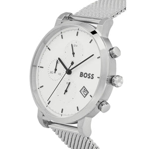 Angled view of Hugo Boss 1513933 highlighting the slim silver case and modern stainless steel mesh strap