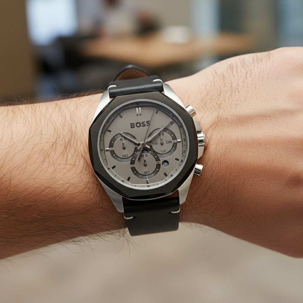 Detailed macro view of the grey sunray dial and black sub-dials of Hugo Boss 1514014