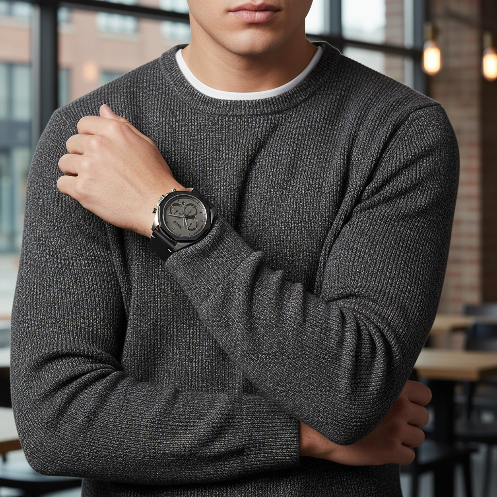 Male model wearing Hugo Boss Cloud 1514014 grey watch with a smart casual outfit